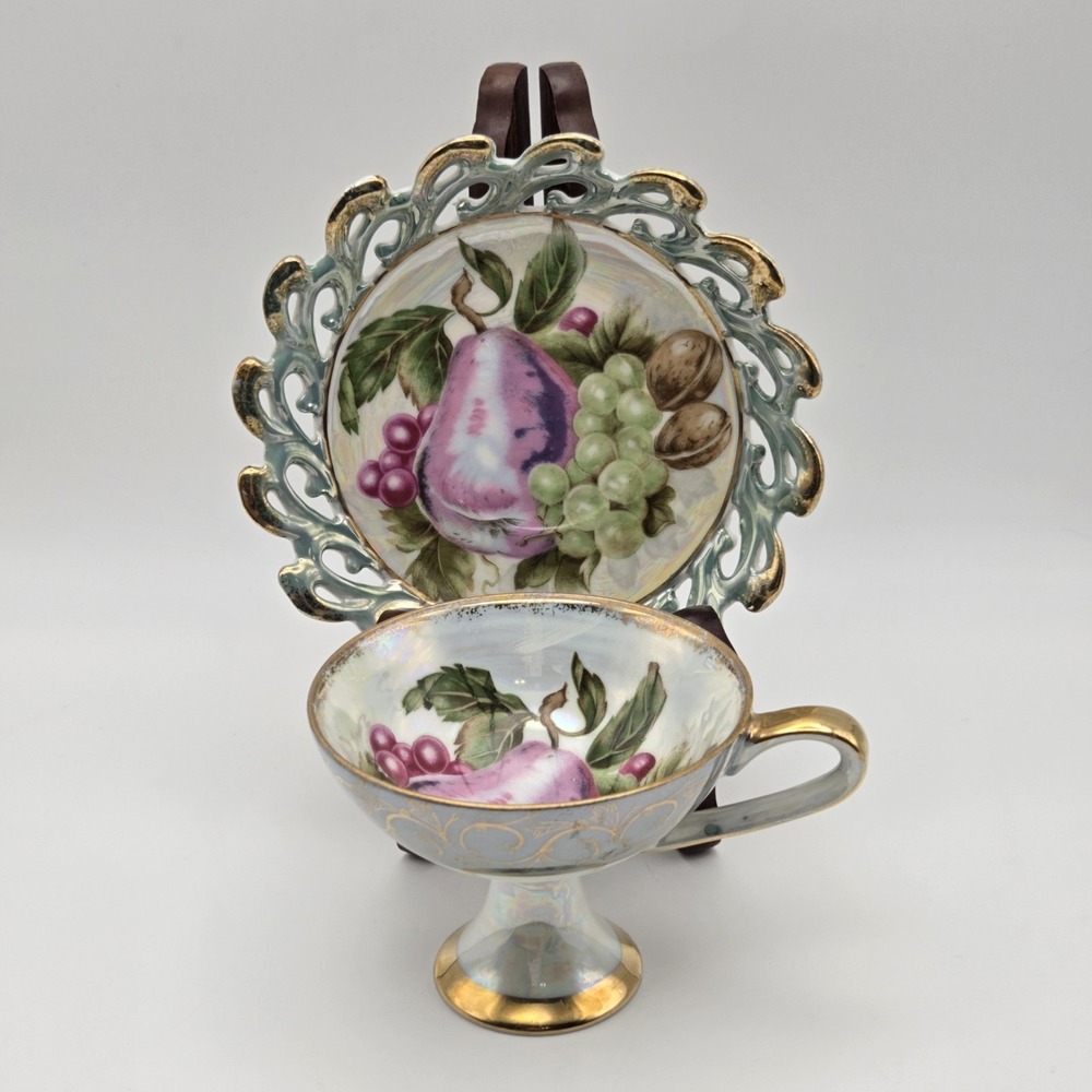 Vintage Royal Sealy Iridescent Teal Luster Glaze Lattice Pear Teacup And Saucer